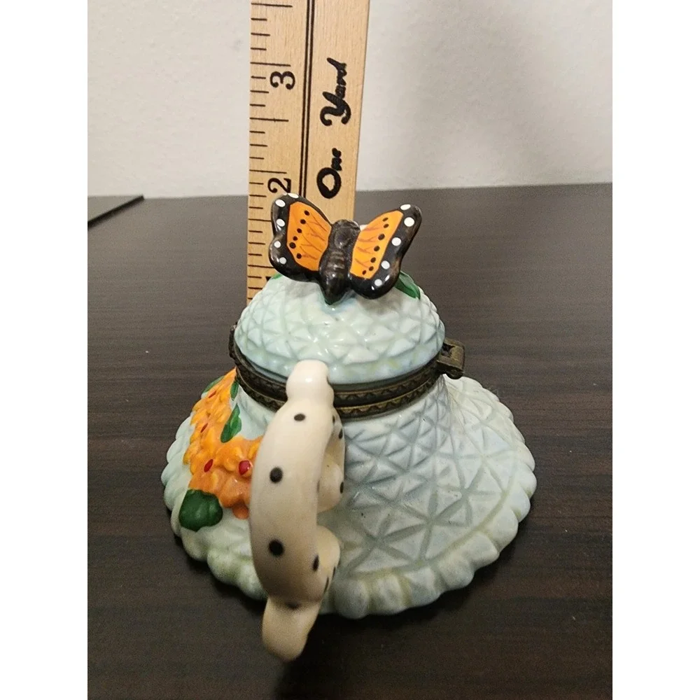 Teapot Butterfly Trinket Box Blue Porcelain Hinged Ring Pill treasure